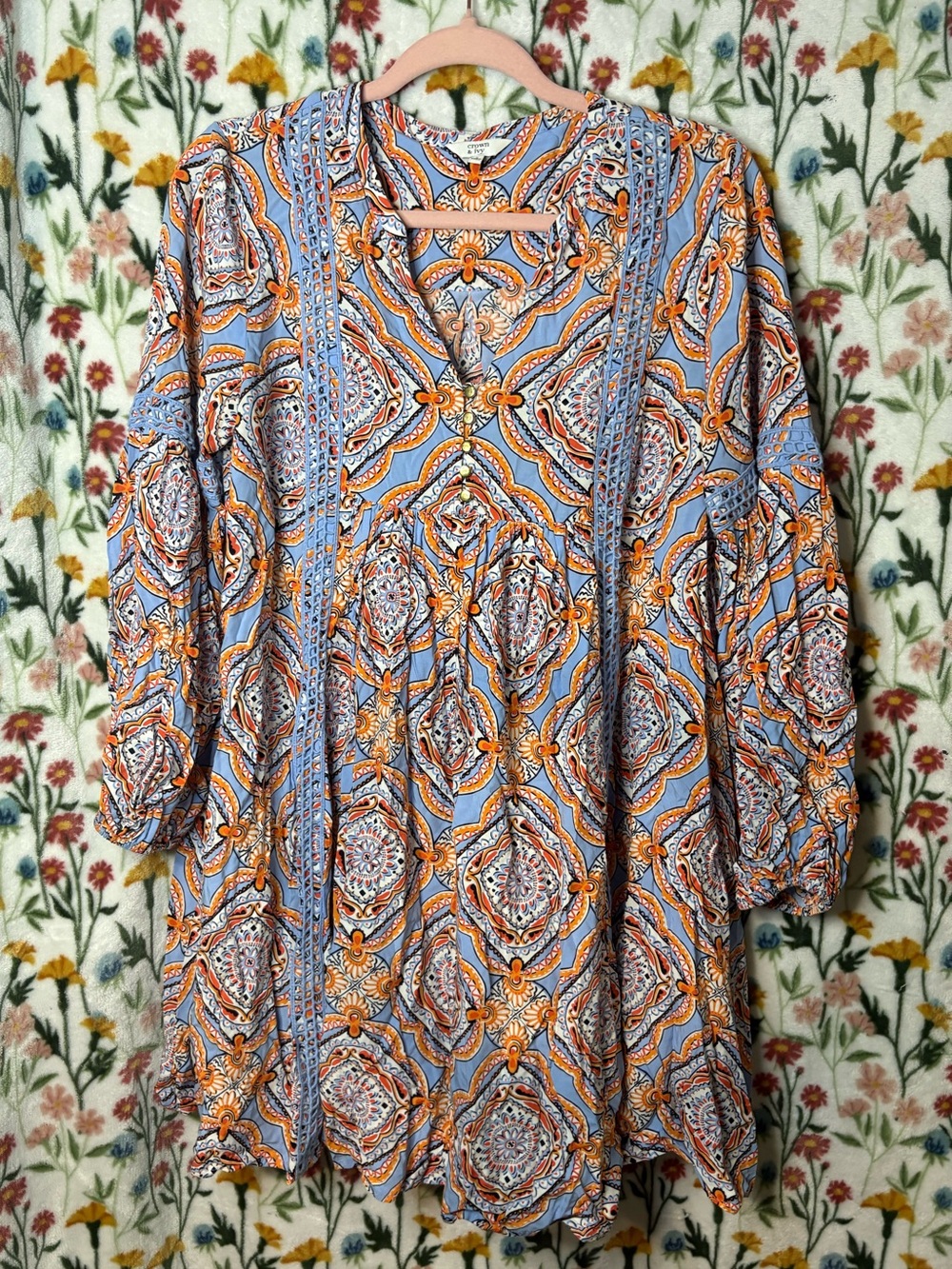 crown & ivy Blue and Orange Paisley Long Sleeve Tunic Dress
